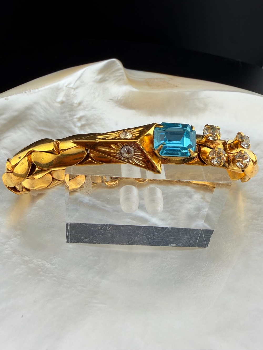 Vintage 1940s  Aqua Blue Rhinestone Snake Link Bracelet Gold Tone